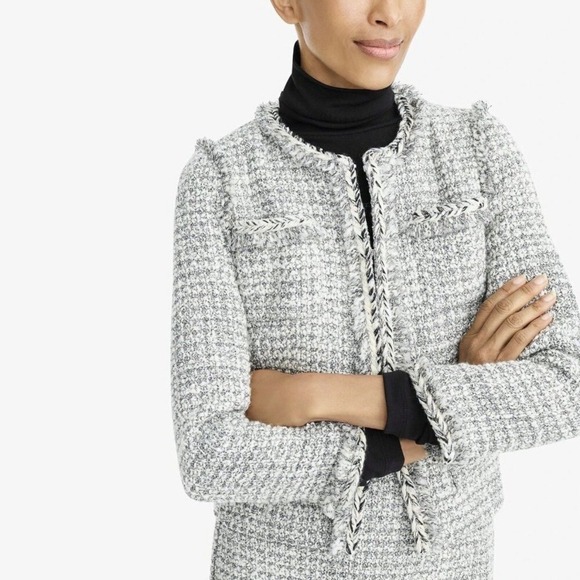 J.Crew Jackets & Blazers - J.Crew Lady Jacket Black White Tweed Braided Trim Fringe Open Front Blazer 8
